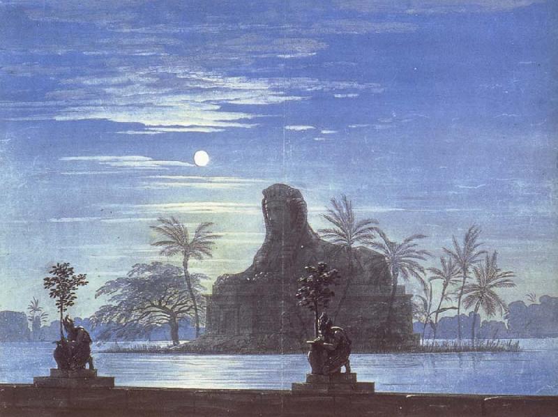 Karl friedrich schinkel The Garden of Sarastro by Moonlight with Sphinx,decor for Mozart-s opera Die Zauberflote